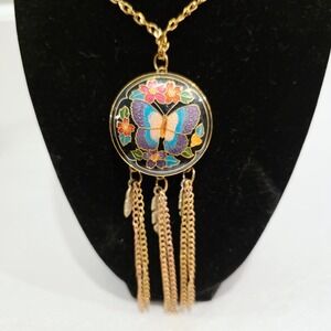 Vintage Cloisonne Butterfly Enamel Pendant Tassel Chain Necklace Dreamcatcher